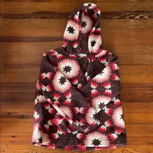 LOFT Plush Hooded Jacket in Brown, Pink & Cream Geometric Pattern